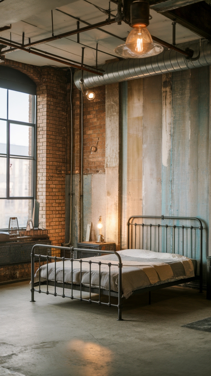 Craving a bedroom with serious industrial edge? This space boasts exposed brick walls, a minimalist metal bedframe, and vintage lighting, all set against a cool concrete floor. The raw materials and distressed finishes create a unique, urban sanctuary that's both bold and inviting.
