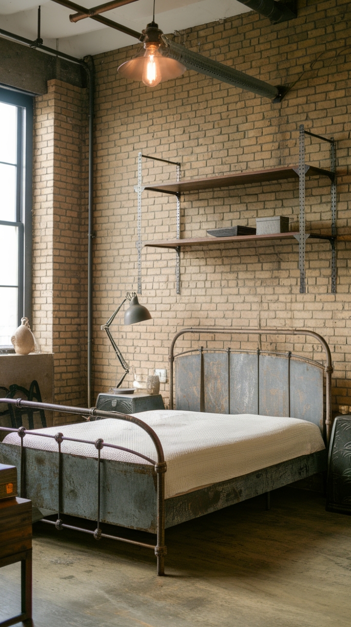 Concrete jungle dreams are made of this. A reclaimed wood platform bed anchors the space, its distressed finish a perfect counterpoint to the sleek metal shelving and lamp. Exposed brick and minimalist decor create a loft bedroom that's both edgy and inviting.