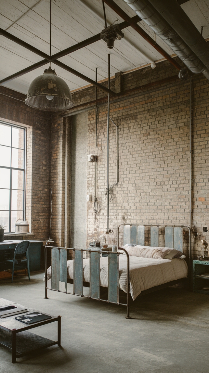 Craving a bedroom with serious industrial edge? This space delivers! Exposed brick walls and a concrete floor provide a rugged backdrop for a distressed metal bed and vintage lighting fixture. The minimalist aesthetic keeps the focus on the raw beauty of the materials, resulting in a design that's both bold and inviting.