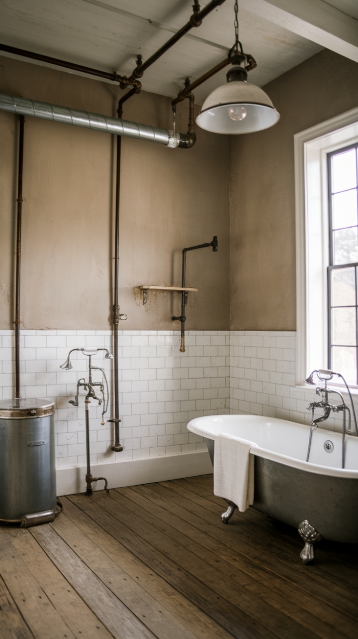 Rustic charm meets industrial edge in this breathtaking bathroom. Reclaimed wood floors, exposed pipes, and a vintage freestanding tub create a space that's both cozy and captivating. The neutral palette allows the unique textures and vintage details to shine, resulting in a truly unforgettable retreat.