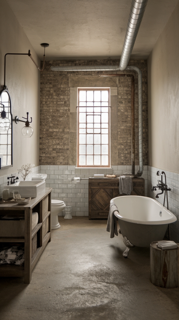 Raw textures and vintage details define this farmhouse bathroom's unique character. Exposed pipes, a weathered wooden vanity, and a classic pedestal sink blend seamlessly with the exposed brick walls and concrete flooring, creating a space that's both stylish and undeniably inviting. The grated window adds a touch of rustic charm, letting in natural light to highlight the room's captivating details.