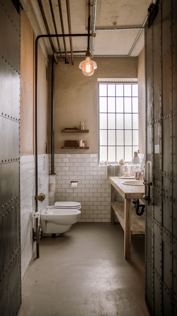 Rustic charm meets industrial edge in this captivating bathroom. Reclaimed wood, exposed pipes, and a vintage light fixture create a unique blend of textures and styles, all grounded by a cool grey concrete floor. The neutral palette keeps the space feeling airy and inviting, while the metal door and barred window add a touch of unexpected grit.