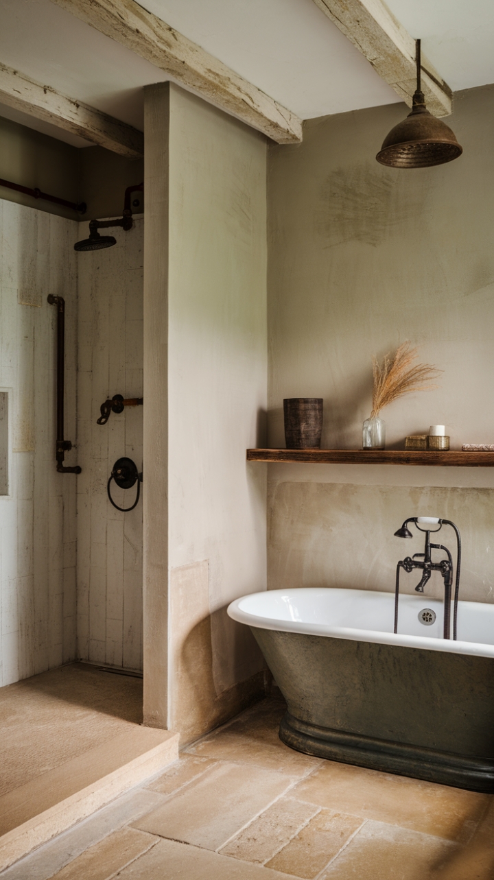 Imagine soaking away the day's worries in this exquisitely designed bathroom. The blend of industrial pipes, reclaimed wood, and a vintage tub creates a captivating contrast against the soft grey walls and beige tile. This space masterfully balances rustic warmth with a touch of urban grit, resulting in a truly unforgettable sanctuary.