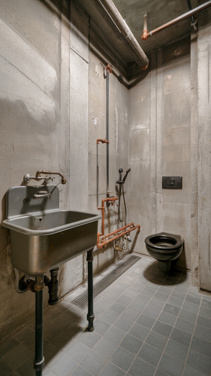 Unleash your inner urbanite in this breathtaking industrial bathroom. The interplay of raw concrete walls, gleaming metal accents, and a striking vintage sink creates a space that's both edgy and sophisticated. A sanctuary of style and substance.