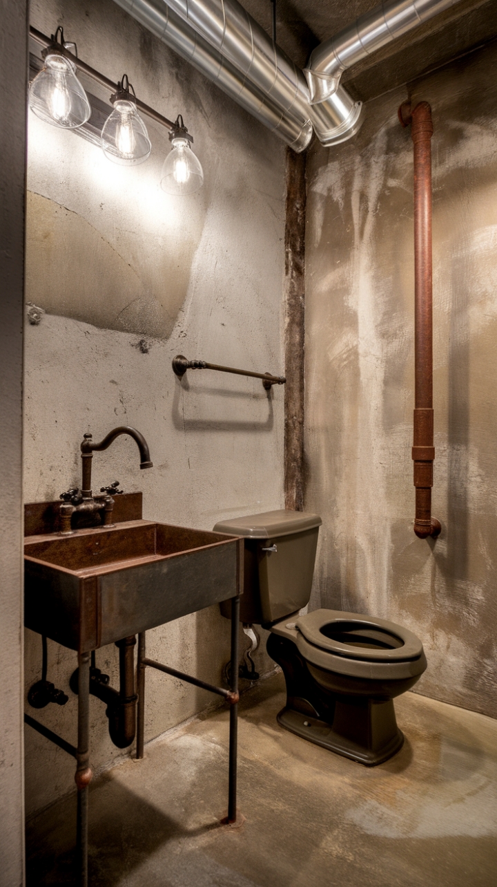 Unrefined luxury meets urban grit in this captivating bathroom. The exposed concrete, vintage plumbing, and rustic metal sink combine to form a powerful statement of industrial chic. Every detail, from the aged toilet to the sturdy towel rack, speaks to a timeless design sensibility.