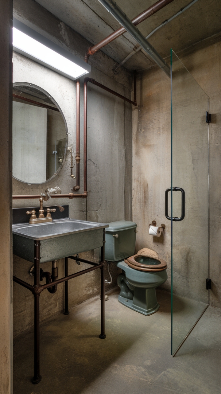 Ready to rethink bathroom chic? Raw concrete walls and exposed pipes meet vintage industrial style in this boldly masculine space. A metal sink, rugged accessories, and a separate glass-enclosed toilet create a surprisingly sophisticated sanctuary. The bright lighting only enhances the raw beauty.