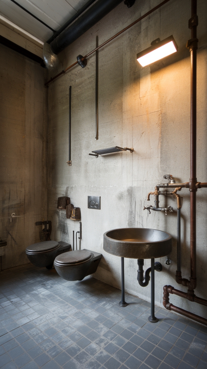 Raw concrete walls meet vintage industrial charm in this breathtaking bathroom. A colossal, round metal sink takes center stage, its aged faucet a testament to enduring style. Exposed pipes and rugged accessories add to the space's gritty allure, while gray tiles underfoot ground the design's inherent dynamism. The high ceilings amplify the sense of spaciousness, creating a haven of masculine sophistication.