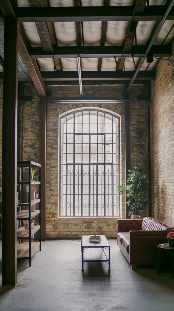Ready to fall for raw, urban chic? This industrial haven boasts soaring ceilings, exposed brick whispering tales of the past, and steel beams singing a song of modern strength. A vintage-inspired sofa, grounded by a concrete floor, invites you to unwind amidst the textures of wood and metal, all bathed in glorious natural light streaming through iron-barred windows.