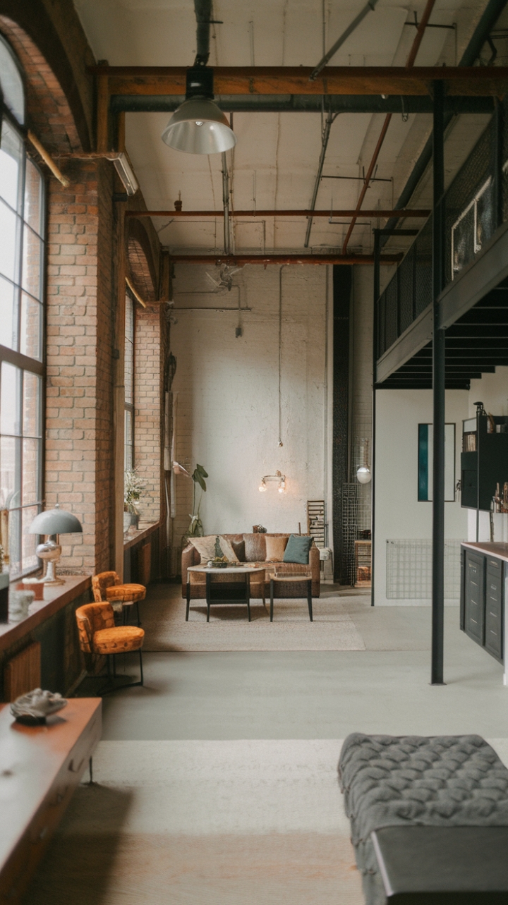 Raw brick whispers tales of urban grit, softened by the gentle glow of minimalist design. A mezzanine level adds a touch of loft living drama to this industrial haven, where vintage fixtures and modern lines dance in perfect harmony. Sunlight streams through expansive windows, illuminating the space's raw beauty and curated simplicity.