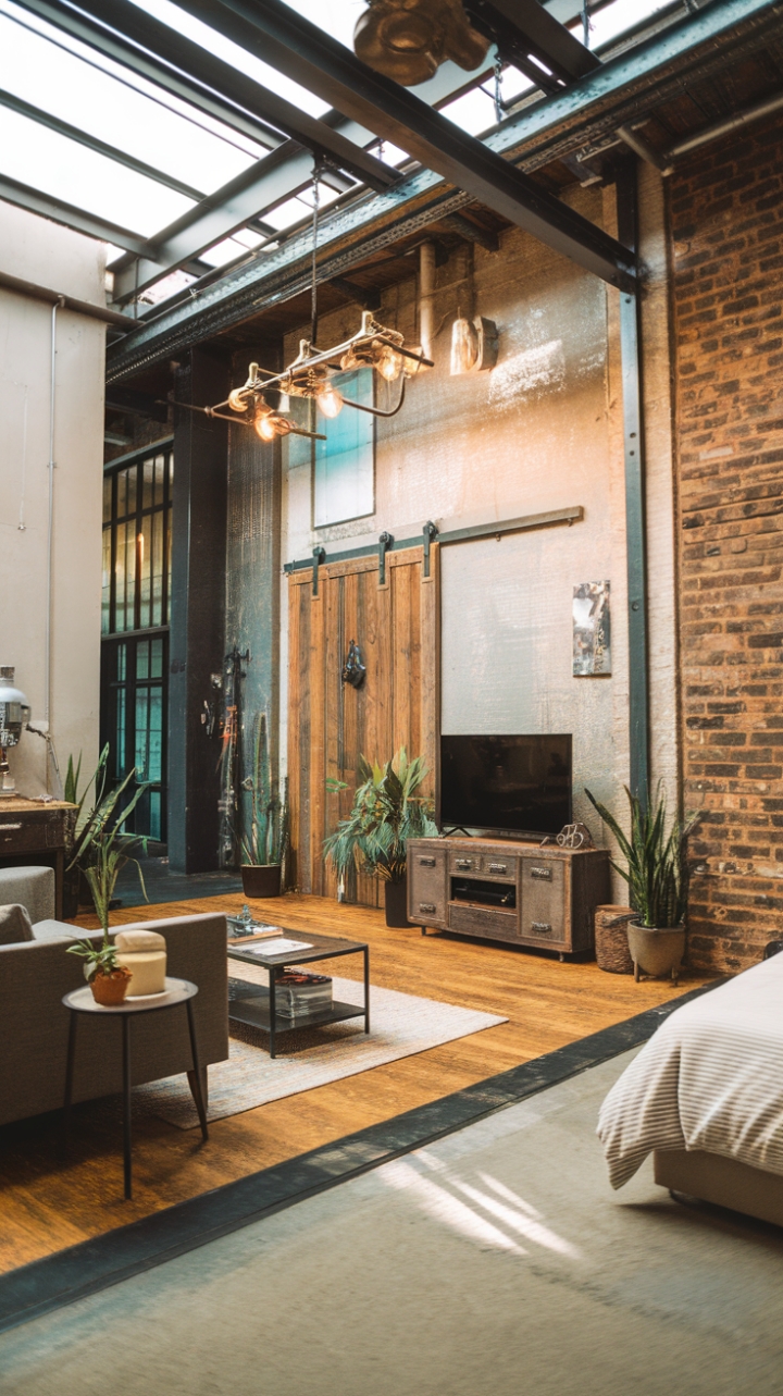 This urban sanctuary seamlessly fuses industrial aesthetics with unexpected comfort. High ceilings soar above a captivating mix of exposed brick, reclaimed wood, and sleek metal accents. Vintage finds, like the rustic wooden door and repurposed pipe lighting, add character and charm, while the thoughtfully chosen furniture creates a space that's both stylish and supremely livable.