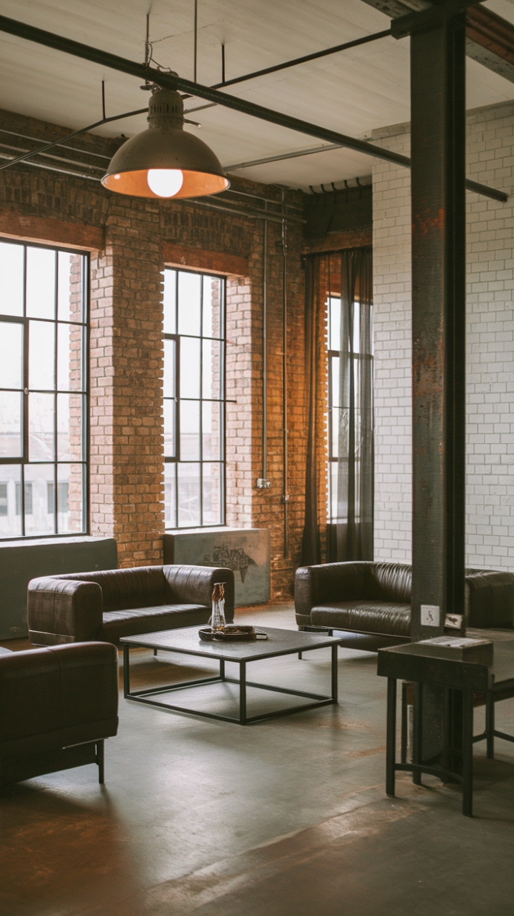 Ready to fall for raw, refined style? Exposed brick whispers history, while sleek metal and reclaimed wood sing a song of modern cool. This urban loft's minimalist design is a masterclass in industrial chic, complete with a vintage lighting fixture that adds a touch of unexpected warmth. The concrete floor grounds the space, creating a haven of sophisticated simplicity.