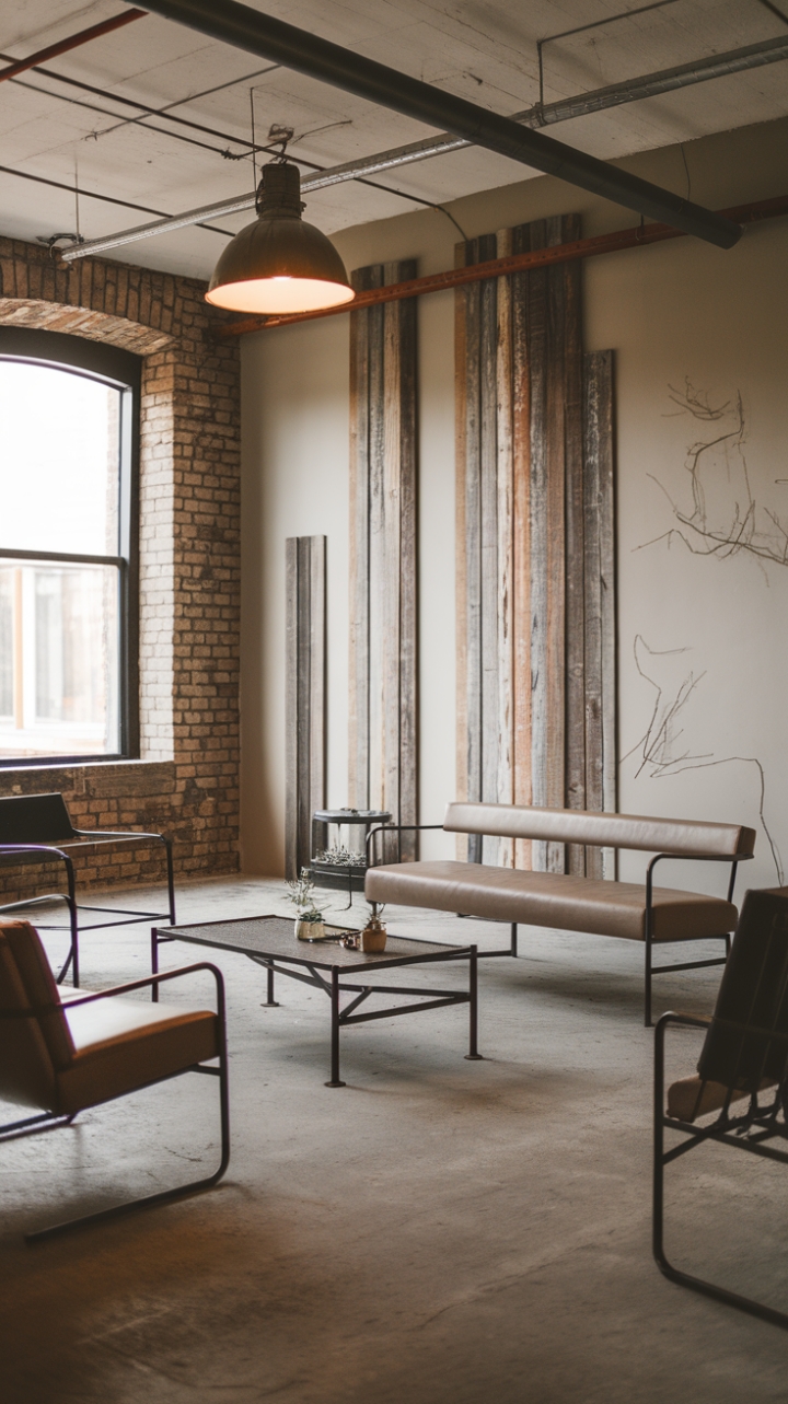 Imagine cozy evenings in this modern industrial living room. The neutral palette, punctuated by reclaimed wood and a striking vintage light fixture, transforms exposed brick and concrete into a haven of sophisticated simplicity.