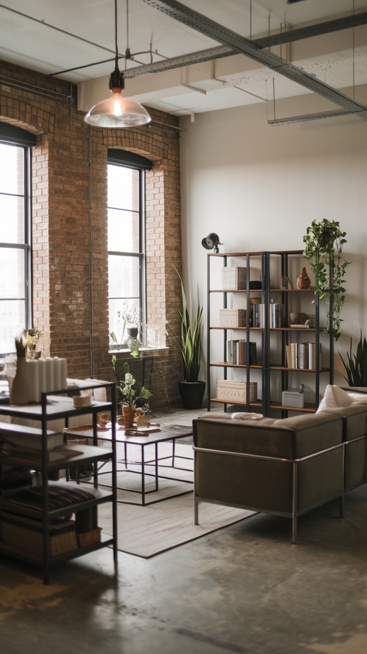 Ready to transform your living space into an urban oasis? This modern industrial loft boasts exposed brick, a sleek concrete floor, and a curated mix of metal furniture and vintage lighting, creating a haven of sophisticated simplicity. The neutral palette, punctuated by pops of greenery, ensures a calming atmosphere perfect for relaxation and entertaining.