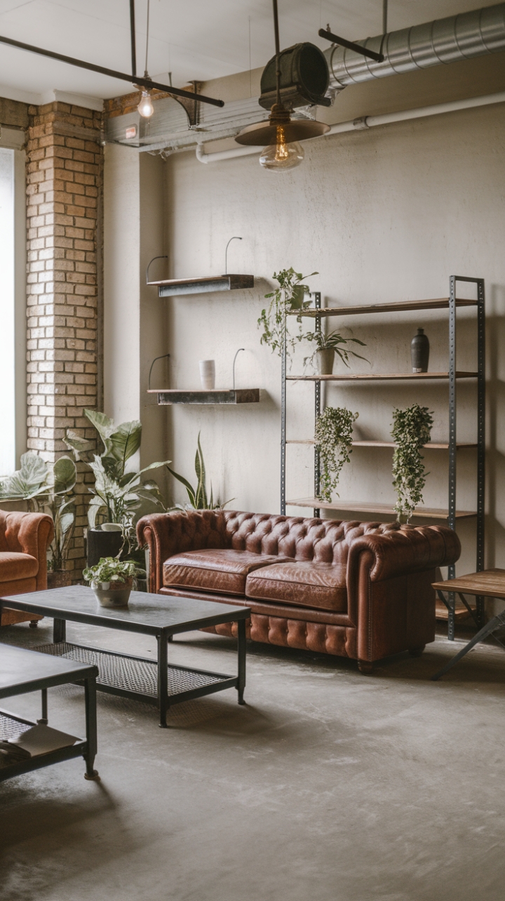 Ready to infuse your living space with raw, urban cool? This modern industrial haven boasts a neutral palette punctuated by the warmth of reclaimed wood, the sleekness of metal, and the undeniable texture of exposed brick. A plush leather sofa invites relaxation, while a vintage lighting fixture adds a touch of history. The perfect blend of rugged and refined.