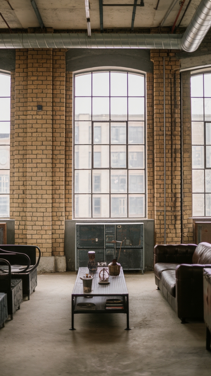 Imagine waking up to breathtaking city views in this factory-inspired haven. Raw materials meet refined style in this minimalist living room, where exposed brick walls and metal accents create a sophisticated industrial aesthetic. The vintage touches add a layer of warmth and character, making this space both stylish and inviting.