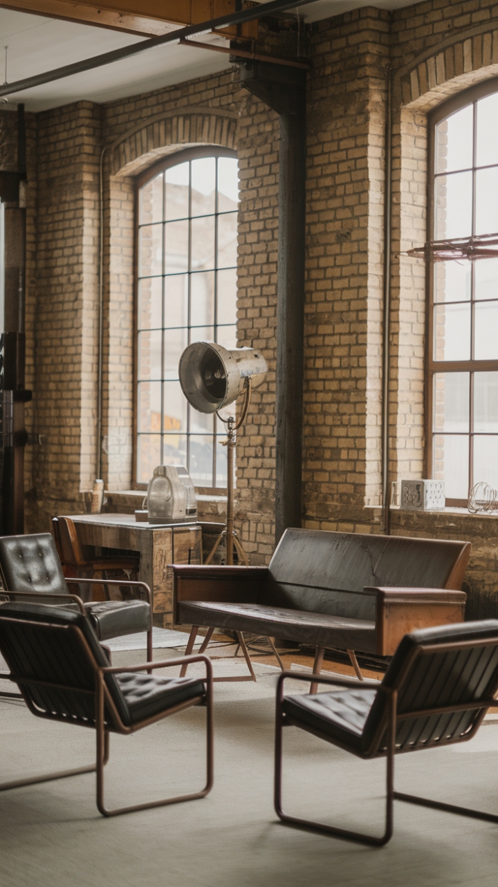 Raw textures and reclaimed history collide in this industrial haven. Exposed brick whispers tales of the past, while sleek metal furniture and a vintage floor lamp cast a warm glow, creating a space that's both ruggedly chic and surprisingly inviting.
