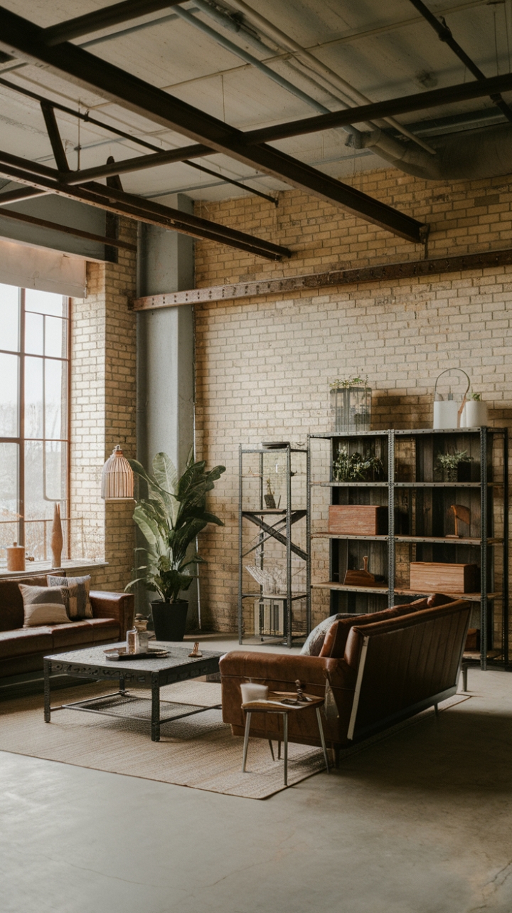 Imagine curling up on that vintage sofa, a good book in hand, surrounded by the textured beauty of reclaimed wood and exposed metal beams. This isn't just a living room; it's a sanctuary of urban style, where comfort meets character in perfect harmony.