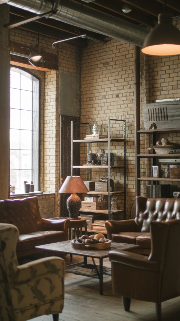 Imagine cozy nights spent in this stunning industrial farmhouse living room. Reclaimed wood, exposed brick, and vintage finds create a rustic haven, while metal accents and unique lighting fixtures add a touch of modern industrial flair. The perfect blend of textures and styles for a truly captivating space.