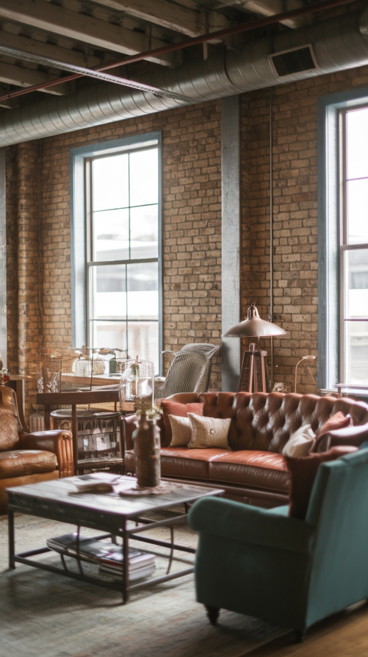 Raw textures and refined details unite in this captivating living room. Reclaimed wood, exposed brick, and vintage finds create a rustic foundation, beautifully balanced by sleek metal accents and industrial-chic lighting. The result? A space that's both comfortably lived-in and strikingly sophisticated.