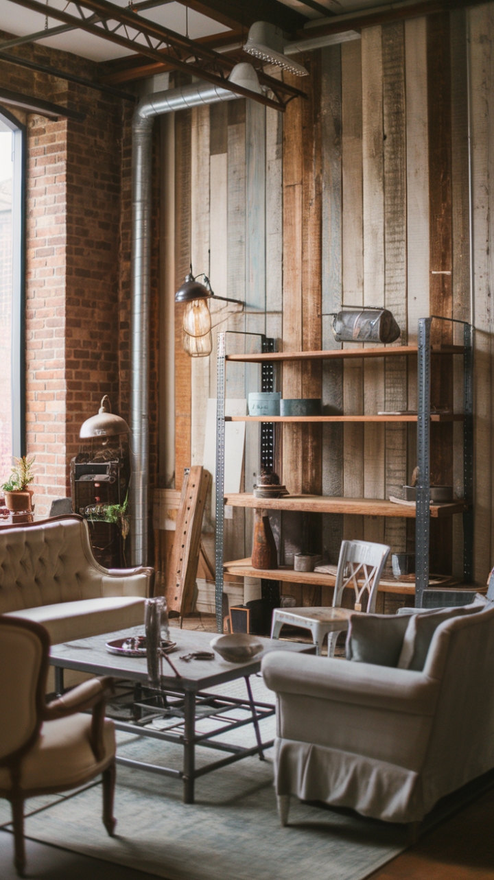 Rustic charm meets industrial edge in this breathtaking living room. Vintage finds mingle seamlessly with exposed brick and reclaimed wood, creating a cozy haven where comfort and character collide. The perfect blend of textures and tones makes this space a true design masterpiece.