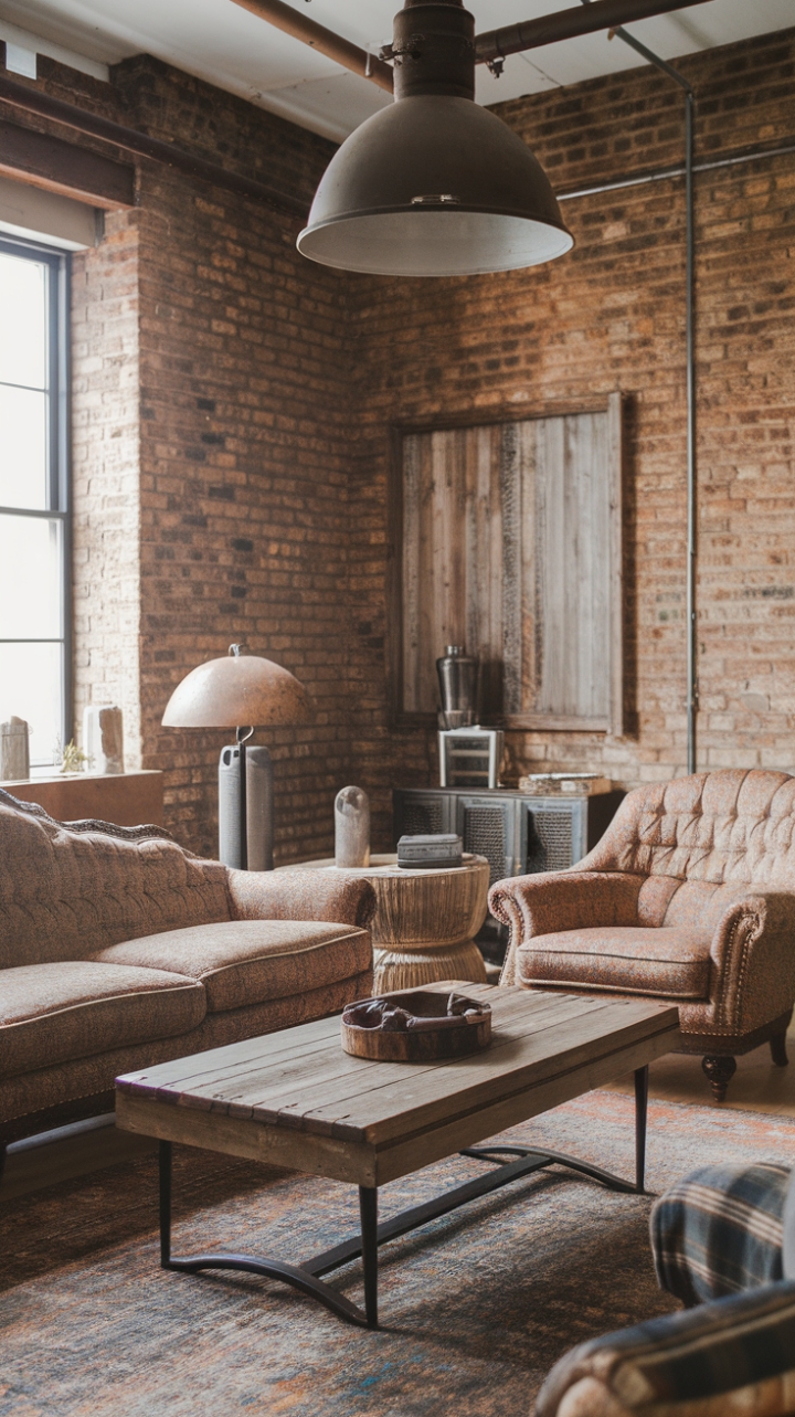 Reclaimed wood, exposed brick, and vintage finds create an irresistible blend of farmhouse and industrial styles. The cozy ambiance is perfectly complemented by a patterned rug, statement lighting, and plush seating, promising ultimate relaxation.