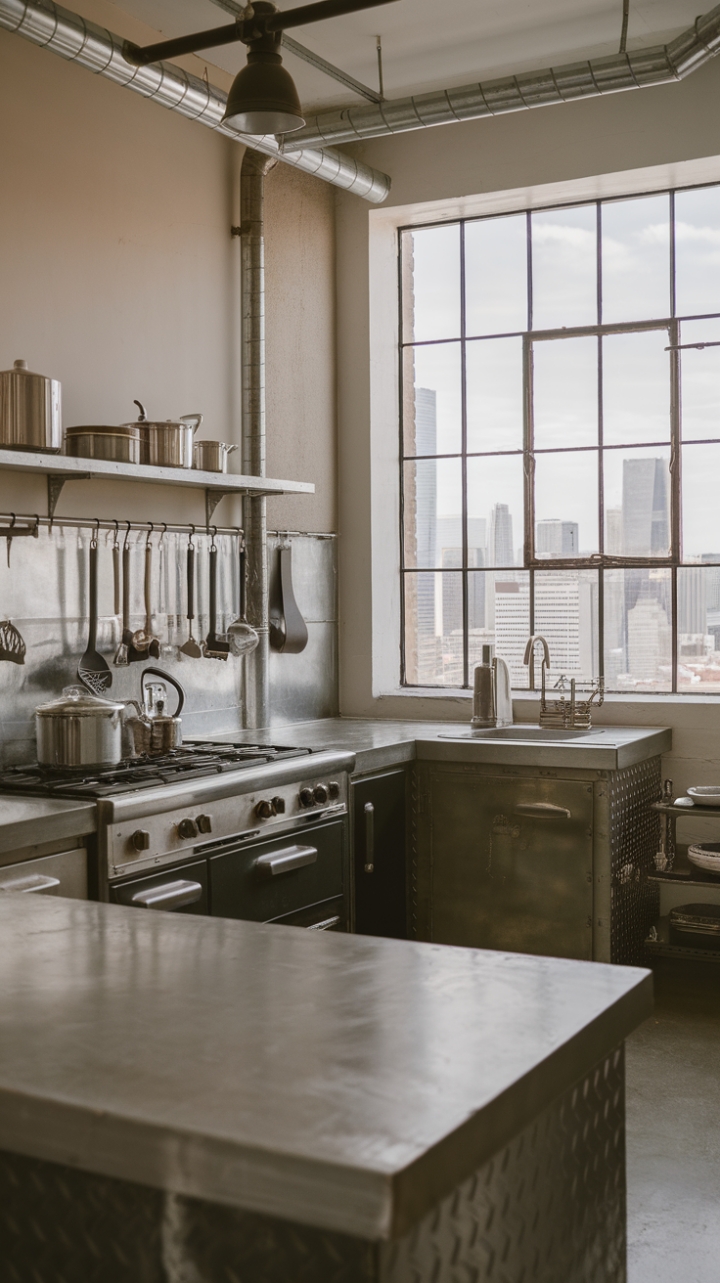 Concrete cool meets city chic. This industrial kitchen's minimalist design is punctuated by gleaming metallics, exposed pipes, and a breathtaking view. Vintage appliances add a touch of nostalgic charm, creating a space that's both strikingly modern and wonderfully lived-in.