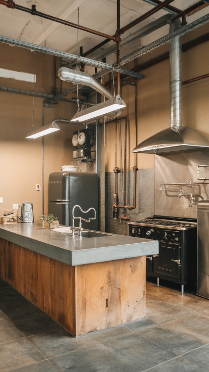 Raw, refined, and undeniably cool. This industrial kitchen's concrete countertops and exposed pipes create a captivating contrast against the vintage appliances and beige walls, proving that functionality and style can coexist beautifully. The gray tile floor completes the look, a testament to urban chic.