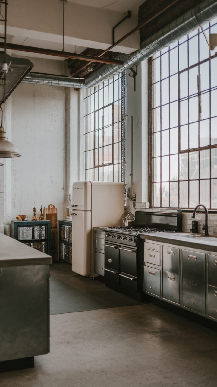Ready to rethink industrial chic? This kitchen's raw concrete, gleaming metals, and vintage appliances create a space that's both strikingly modern and wonderfully lived-in. High ceilings and abundant natural light soften the hard edges, resulting in a surprisingly warm and inviting atmosphere.