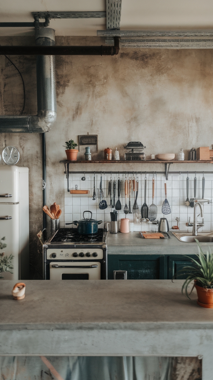 Concrete countertops, punctuated by the simple elegance of potted plants, anchor this design, proving that less is truly more in a space where industrial grit meets sophisticated simplicity. The perfect blend of form and function for the modern homeowner.
