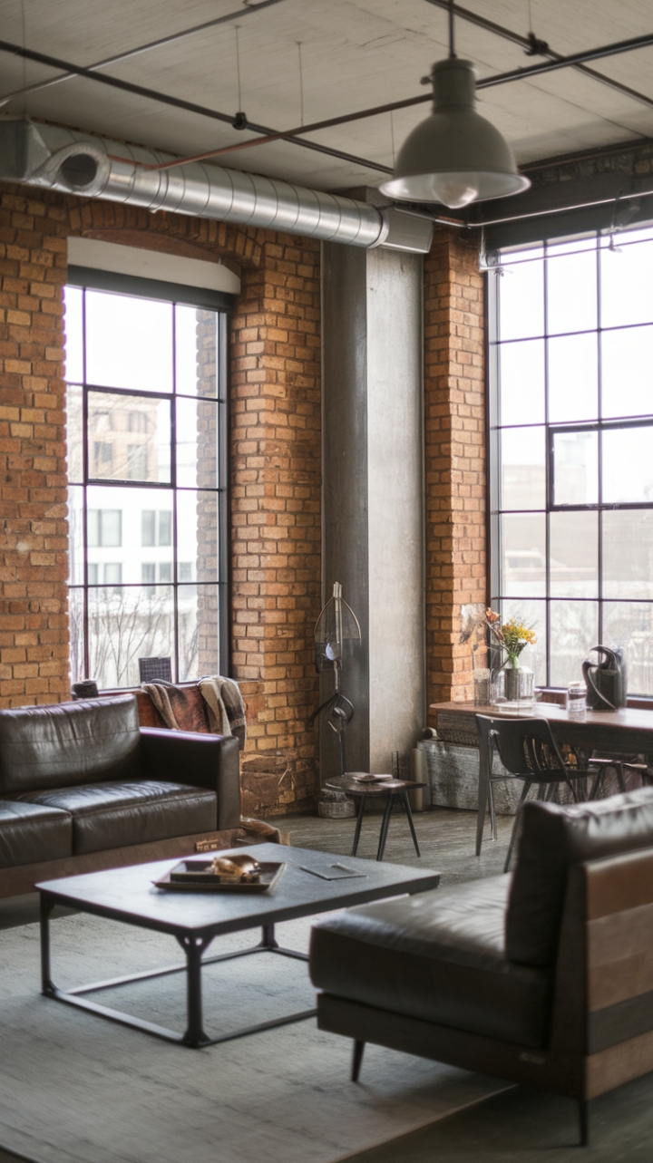 Craving a space that's as bold as it is beautiful? This contemporary industrial living room delivers. Exposed brick, metal, and wood combine in a symphony of texture and style, while the open concept and expansive window offer breathtaking city views. Prepare to be captivated by this raw, refined haven.