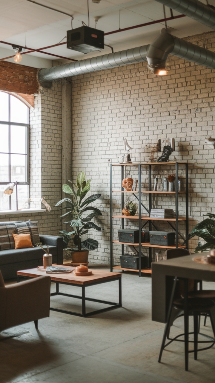 Craving a contemporary industrial haven? This open-concept living room boasts exposed brick walls, a symphony of metal and wood, and minimalist design elements that create a surprisingly warm and inviting atmosphere. A strategically placed plant adds a touch of nature, while carefully curated decorative items complete the look. The raw materials of the floor ground the space, creating a truly unique and stylish urban retreat.
