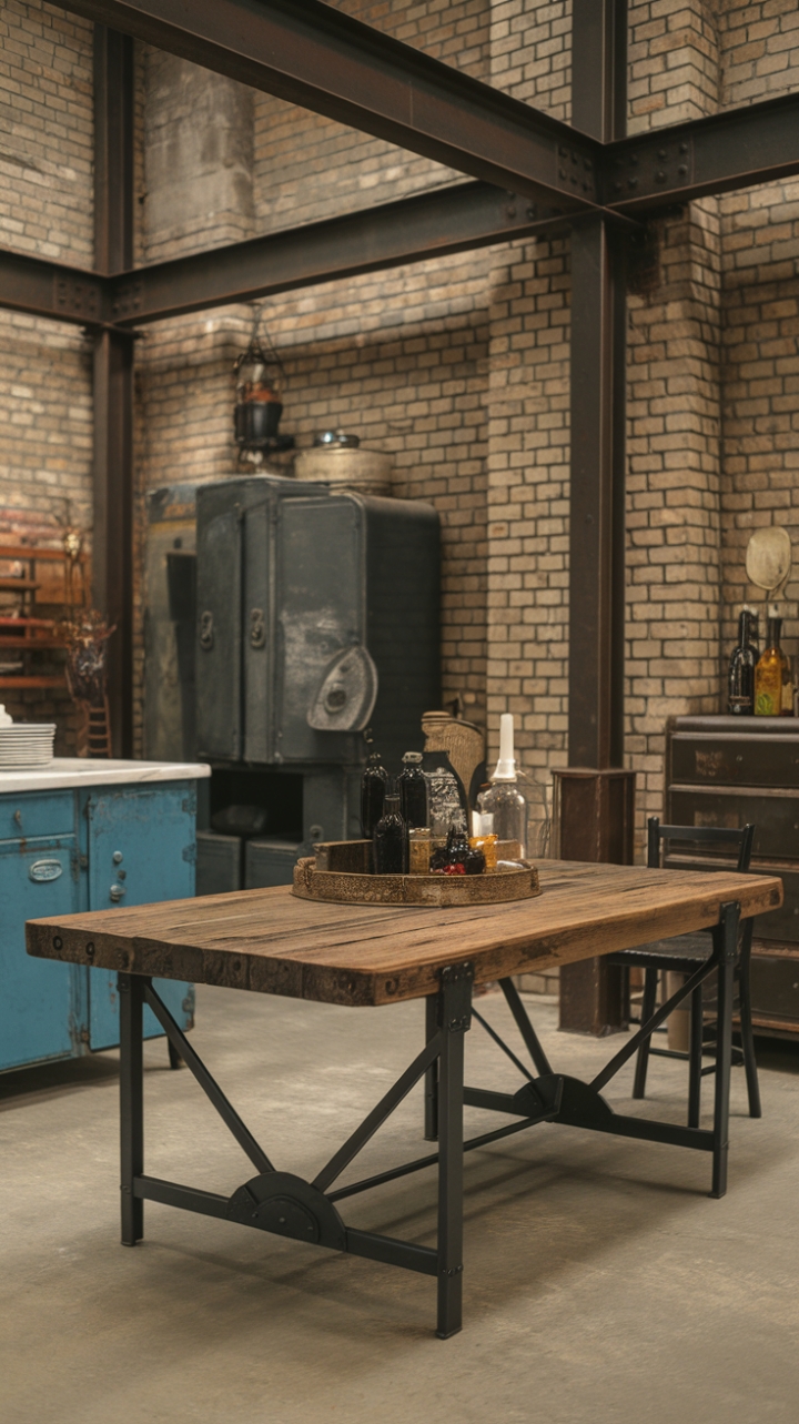 Craving a kitchen that's as captivating as it is functional? This image showcases the perfect marriage of industrial grit and rustic warmth. A reclaimed wood dining table, grounded by a sturdy metal frame, takes center stage amidst exposed brick and steel beams. Paired with vintage kitchen pieces, the scene is a testament to the beauty of blending old and new, creating a space that's both stylish and surprisingly comfortable.