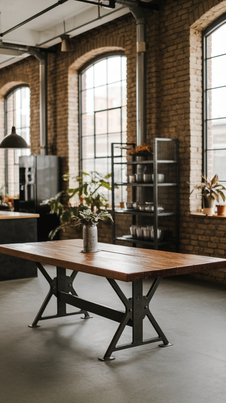 Ready to fall for raw, refined style? A rustic reclaimed wood dining table anchors this minimalist industrial loft, its steel base a perfect counterpoint to the exposed brick and soaring ceilings. The subtle greenery and metal shelving add warmth without cluttering the space, creating a haven of understated cool.
