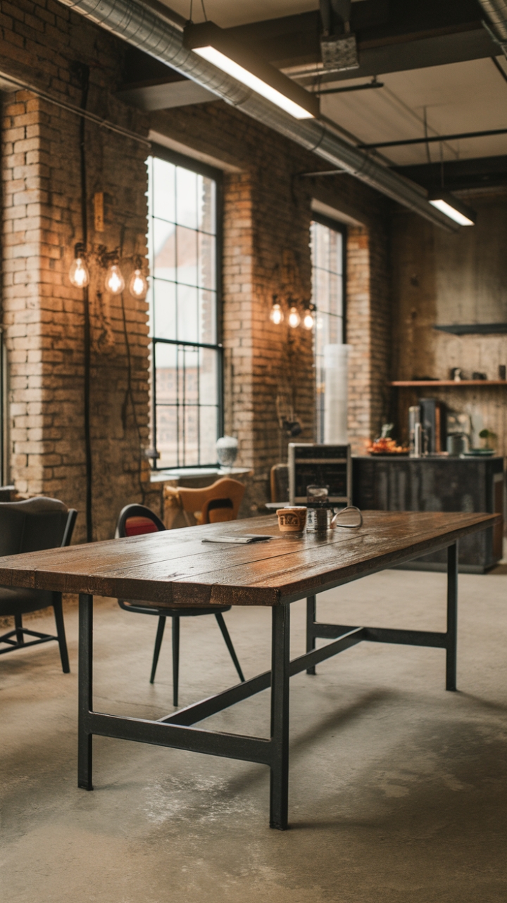 Imagine yourself hosting unforgettable gatherings around this breathtaking reclaimed wood table, its rich patina telling tales of time and craftsmanship. The exposed brick walls and industrial lighting of this loft-style kitchen provide a dramatic backdrop, while the concrete floor adds a touch of urban edge. It’s a space where rustic meets refined, creating an atmosphere that's both stylish and surprisingly warm.