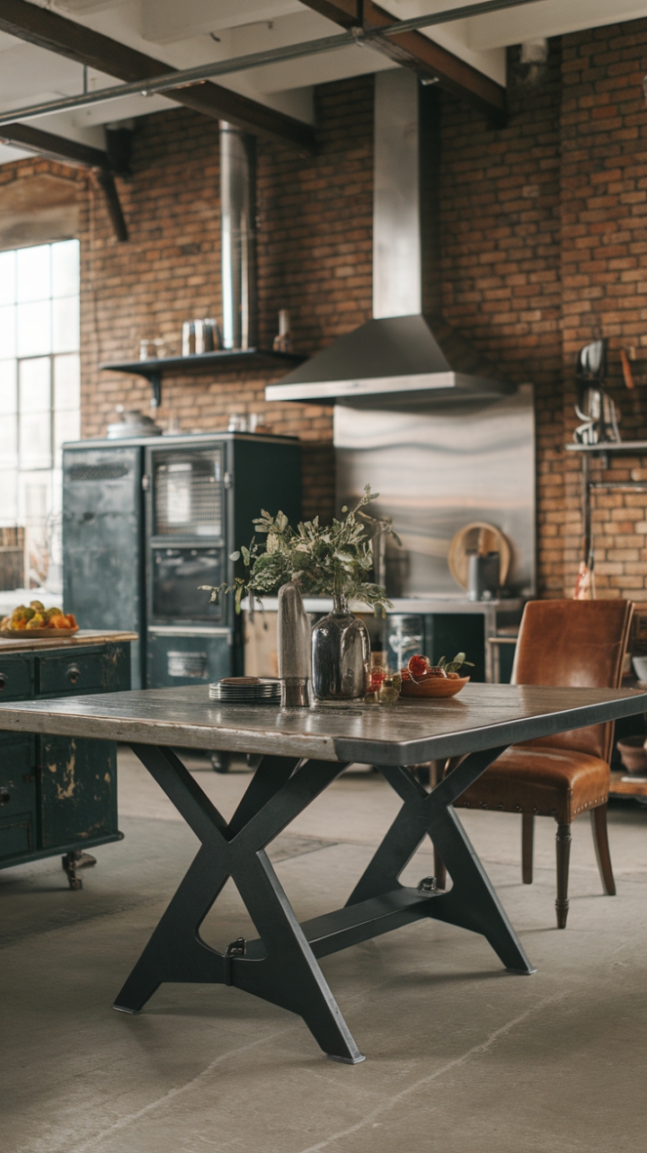 Raw texture meets refined style in this industrial haven. Reclaimed wood and steel forge a striking dining table, its rustic charm perfectly complementing the exposed brick and vintage accents. The worn leather chair adds a touch of lived-in luxury, a testament to the beauty of imperfection.