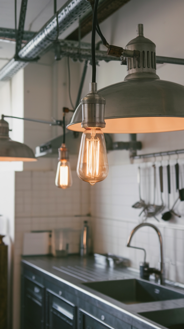 Raw, refined, and ready for anything. This industrial kitchen's minimalist design shines with functional brilliance, its metal fixtures and vintage-bulb pendant lights casting a warm, bright glow. The perfect blend of form and function.