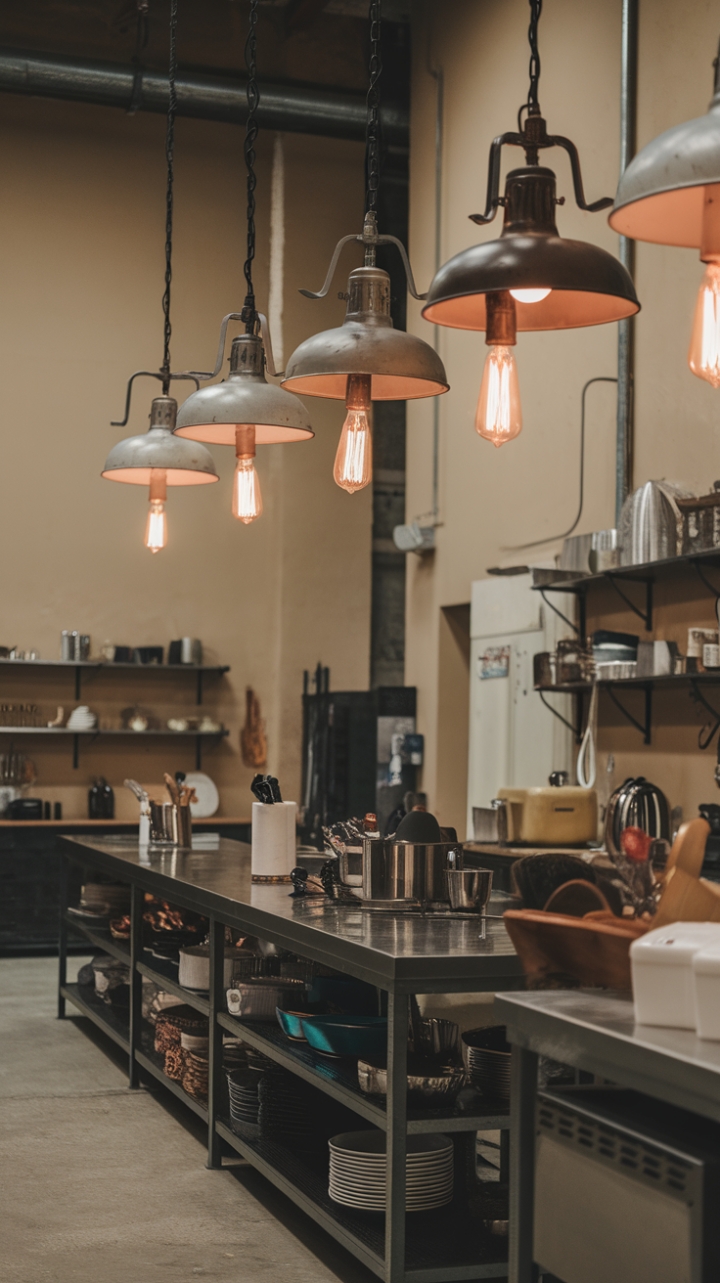 Unleash your inner chef in this raw, refined industrial kitchen. Vintage Edison bulbs dangle above a concrete expanse, illuminating a culinary haven brimming with character and personality. The perfect blend of rustic charm and modern functionality.