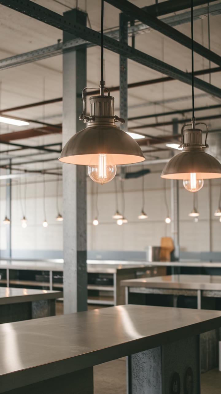 Craving a kitchen that's both sleek and soulful? This image showcases the magic of industrial design, where raw metal fixtures and strategically placed pendant lights create a dramatic yet inviting atmosphere. The focus on task lighting ensures practicality, while the expansive background promises a home brimming with style.