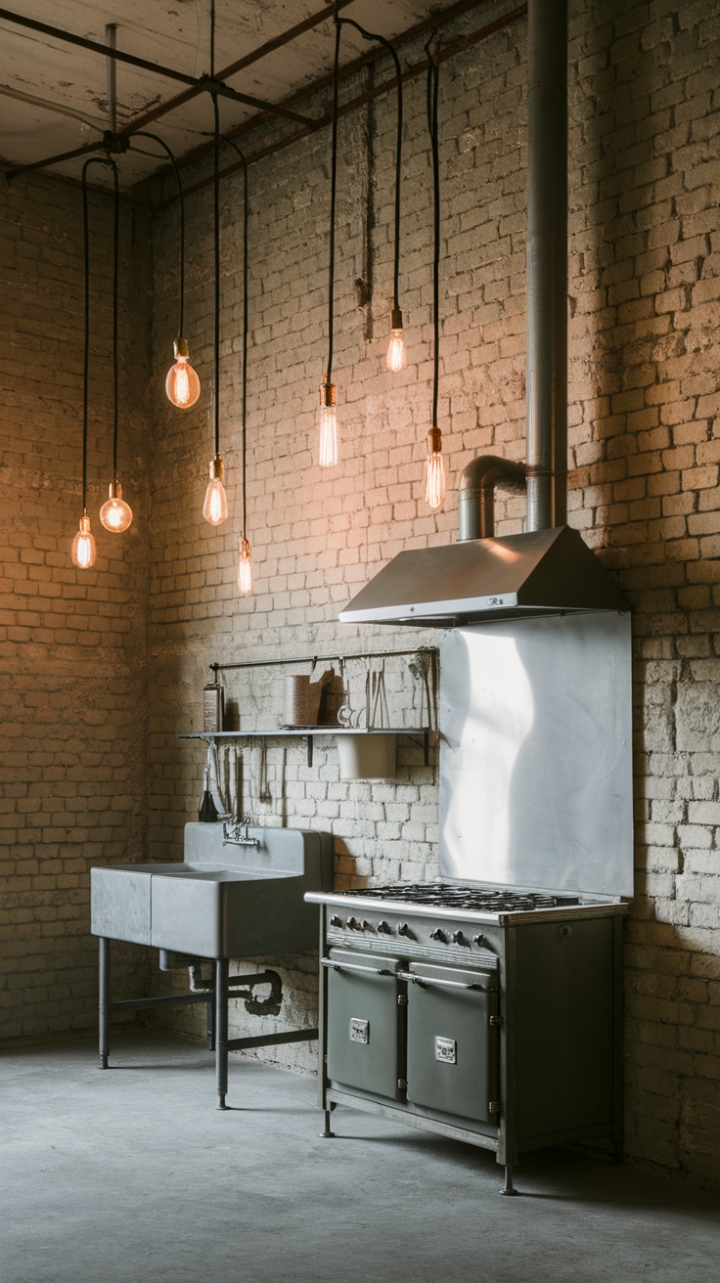 Craving a kitchen that's both strikingly modern and undeniably cool? This space boasts a raw, industrial edge with exposed brick walls, a concrete floor, and a stunning array of metal fixtures. The warm glow of vintage filament bulbs adds a touch of unexpected softness, creating a truly captivating atmosphere.
