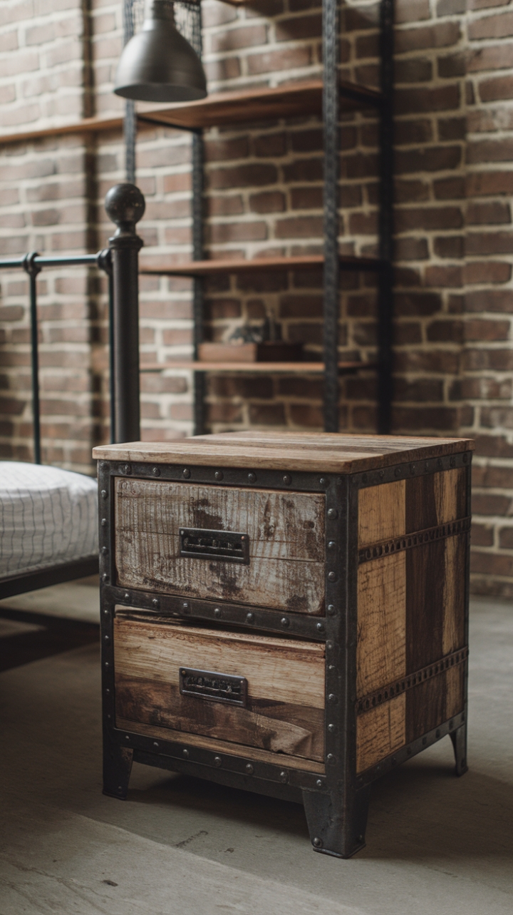 Reclaimed wood and rugged metal unite in this vintage industrial nightstand, its character etched in every scratch and dent. The perfect anchor for a minimalist urban loft, it finds its home amongst exposed brick and a metal-framed bed, a testament to raw, refined style.