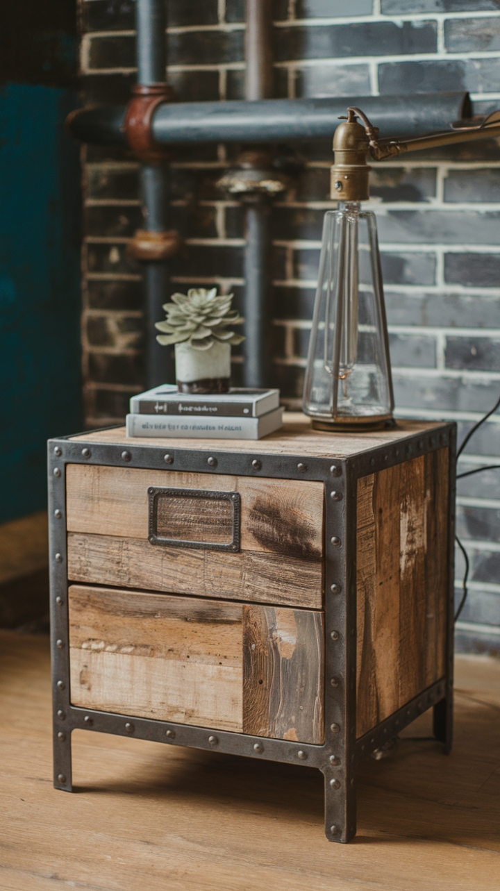 Raw, refined, and utterly irresistible. This curated corner showcases the beauty of contrasting textures—the weathered wood of the nightstand against the sleek lines of the metal framework. The carefully chosen accessories add personality and warmth, creating a space that's both stylish and serenely inviting.