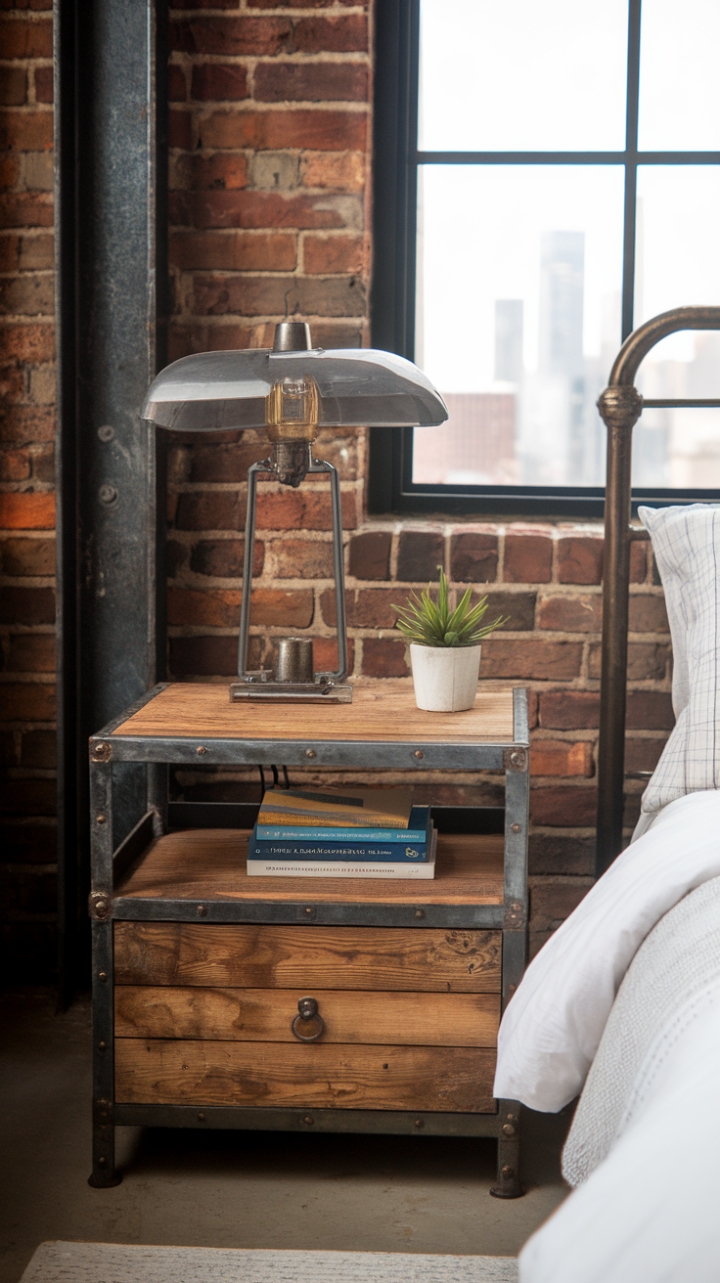 Raw industrial meets refined comfort. A reclaimed wood and metal nightstand, brimming with character, sits proudly beside a crisp white bed, overlooking a breathtaking cityscape. The perfect blend of textures and tones defines this sophisticated yet inviting bedroom retreat.