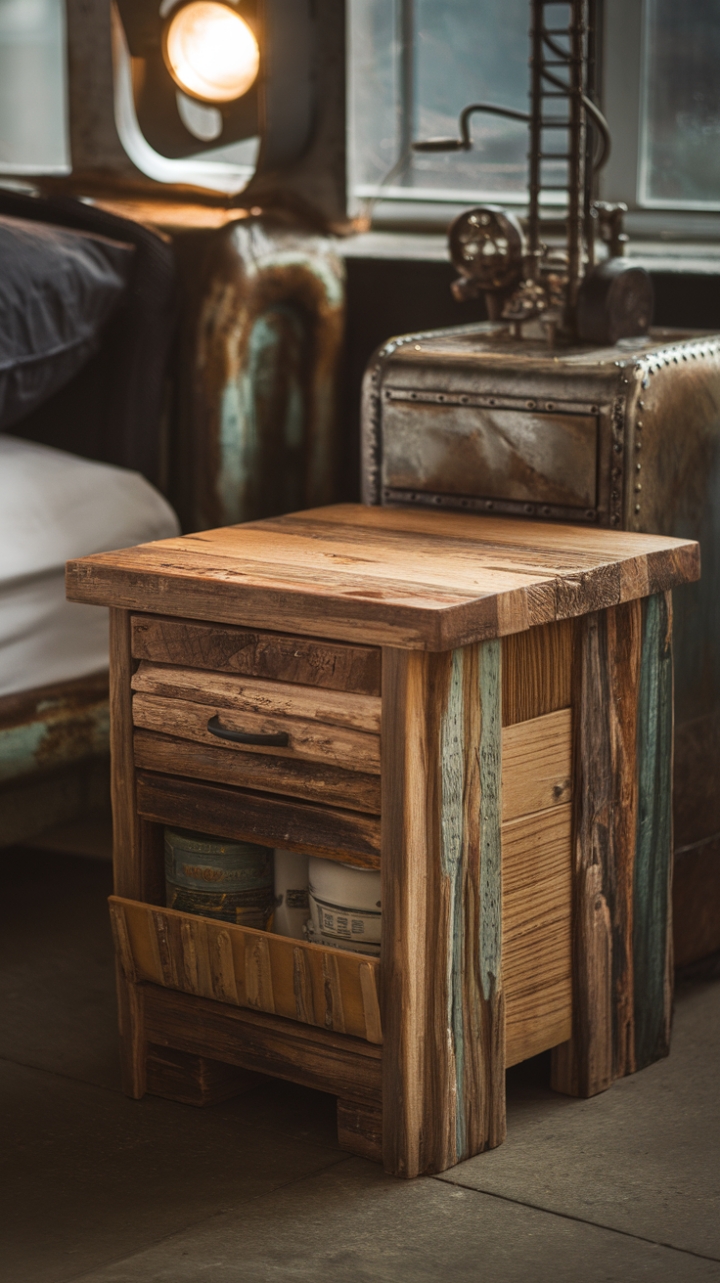 Ready to infuse your space with raw, industrial charm? A reclaimed wood bedside table, brimming with vintage character, sits beside a striking steampunk-inspired metal nightstand, a testament to contrasting styles that beautifully coexist under the glow of industrial lighting. This urban loft aesthetic is pure, unadulterated cool.