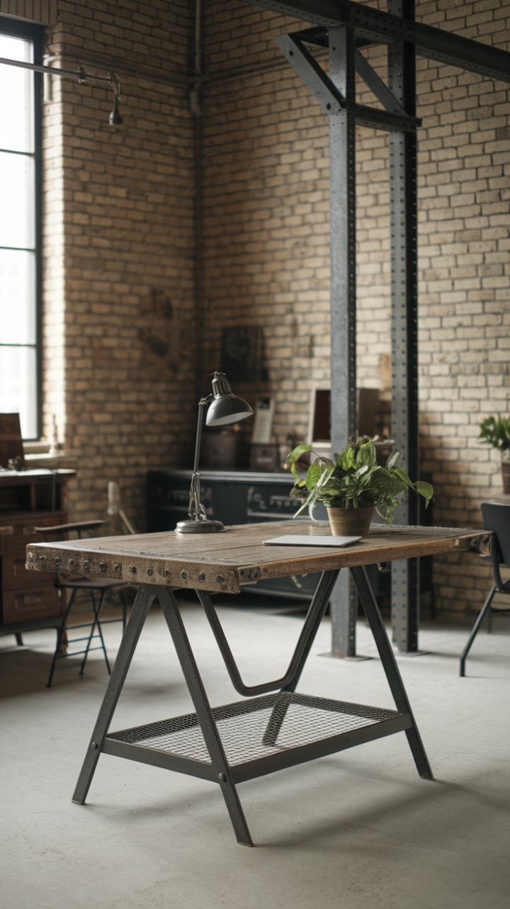 This loft's minimalist aesthetic is grounded by a stunning vintage work table. Reclaimed wood and industrial metal legs create a focal point, perfectly complemented by the exposed brick and sparse yet stylish décor. A touch of greenery adds a surprising softness to the otherwise stark, urban landscape.