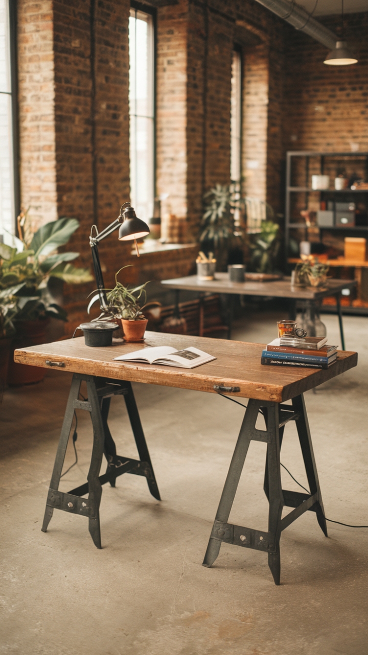 Imagine this: A vintage work table, its reclaimed wood top whispering tales of bygone eras, stands proudly in a loft-style office. The steel legs provide a striking contrast to the warm wood, while the exposed brick walls and concrete floor create a backdrop of authentic industrial chic. A simple lamp, a few well-loved books, and a thriving plant complete the scene, transforming a workspace into a haven of creativity and comfort.