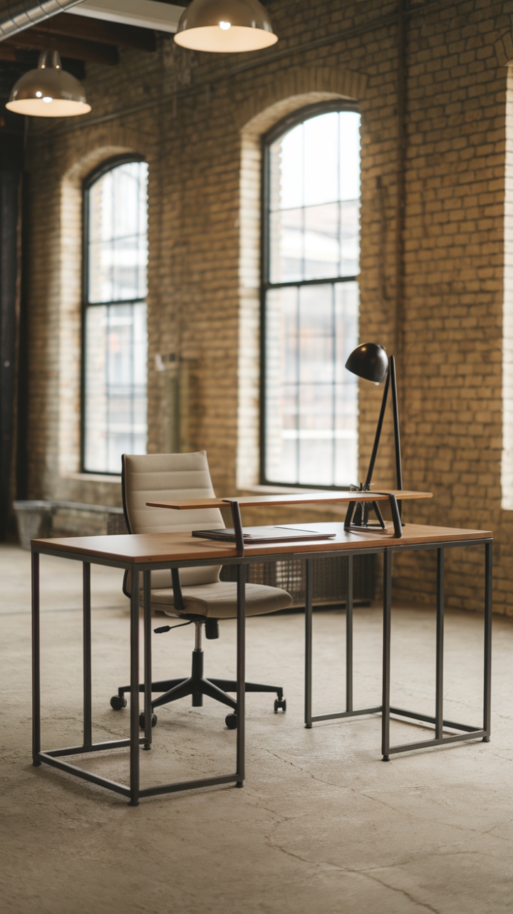 Ready to revamp your workspace? This minimalist industrial workstation, featuring a sleek steel frame and warm wood top, is the perfect blend of form and function. Paired with a calming beige chair and set against a backdrop of exposed brick and industrial lighting, it's a design dream come true. The concrete floor adds a touch of raw, urban cool.