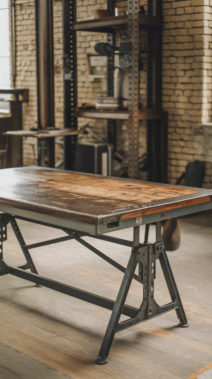 Imagine this stunning industrial-chic table anchoring your home office. The dark wood top, showcasing its natural grain and history, contrasts beautifully with the sleek metal frame. Its lived-in patina perfectly reflects the raw, rustic beauty of its surroundings, creating a workspace that's both inspiring and undeniably stylish.