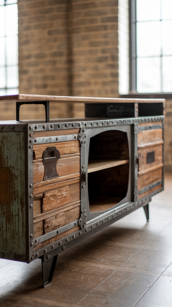Unleash your inner urbanite with this vintage industrial TV console. Distressed wood and raw metal create a captivating blend of rustic charm and modern edge, perfect for showcasing your prized possessions and beloved electronics against a backdrop of exposed brick. The spacious design offers ample storage, blending functionality with undeniable style.