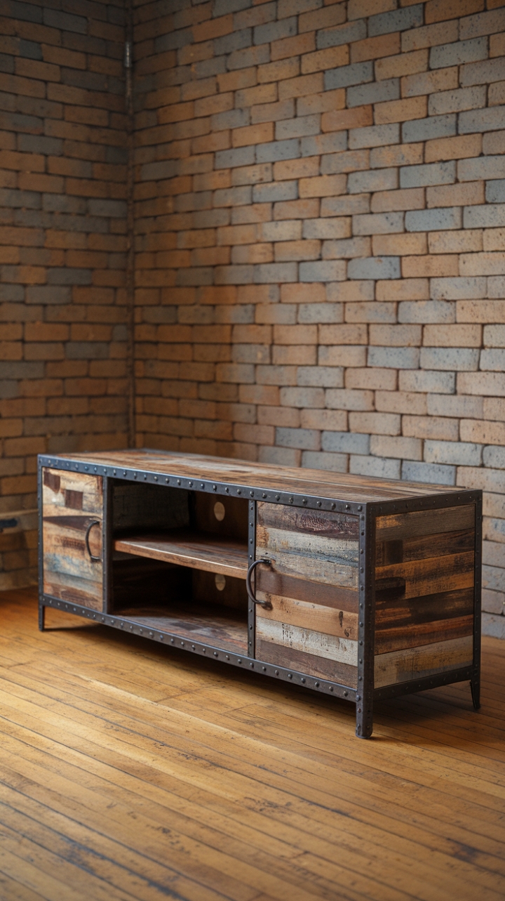 Ready to infuse your space with raw, rustic charm? This vintage industrial TV console, a masterpiece of distressed wood and sturdy metal, commands attention with its aged beauty and ample storage. The exposed brick backdrop only enhances its rugged appeal, creating a captivating focal point in any room.
