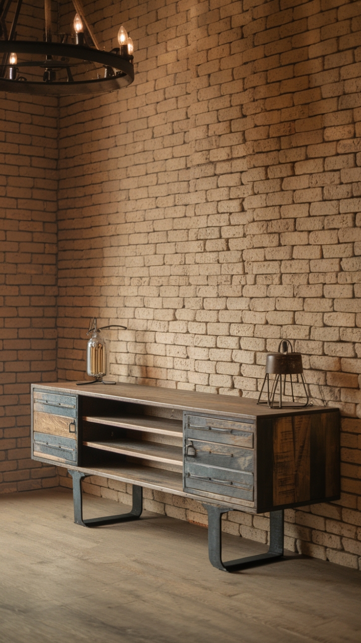 Reclaimed wood and raw metal unite in this vintage industrial media console, its aged charm amplified by a rustic lamp and the warm glow of a brick-walled haven. The perfect blend of rugged and refined for your entertainment space.